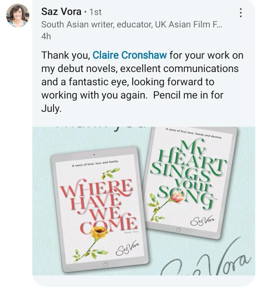 Screenshot from Saz Vora's LinkedIn asking me to book her in for July.