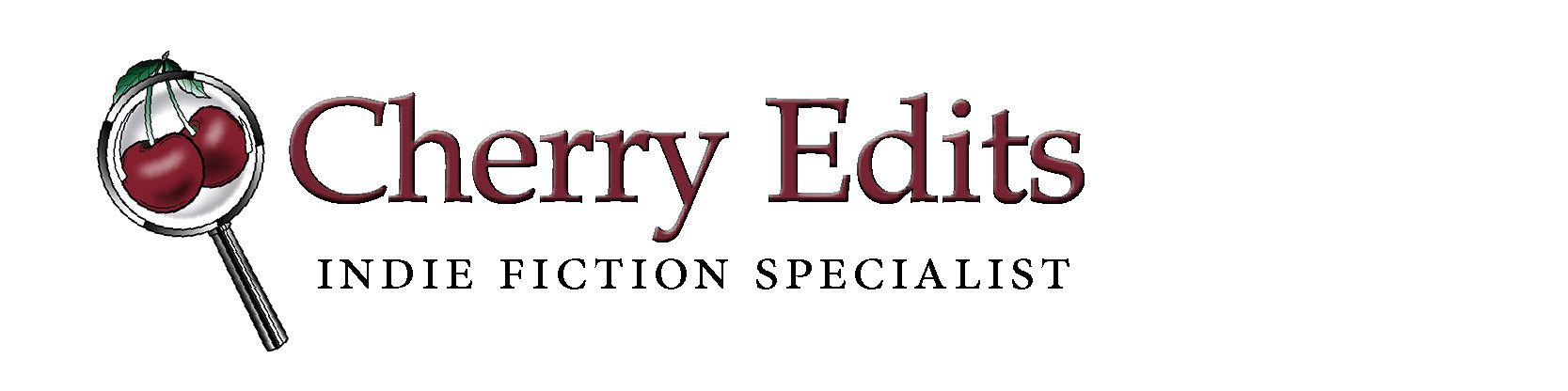 Cherry Edits Indie Fiction Specialist logo. Two cherries inside a magnifying glass