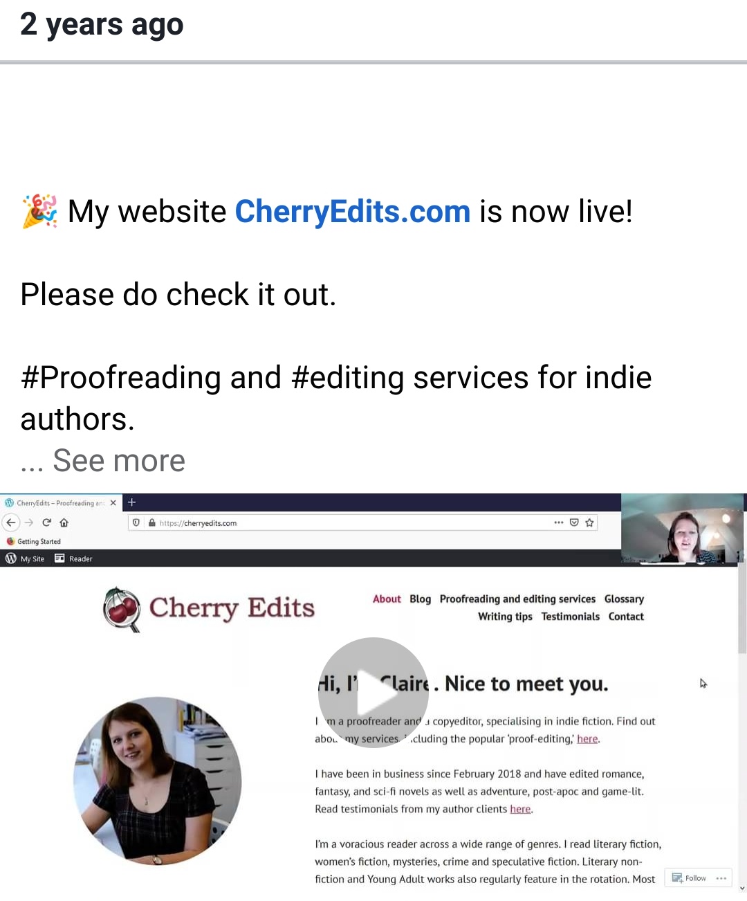 Facebook memory of two years ago, showing cherryedits.com went live