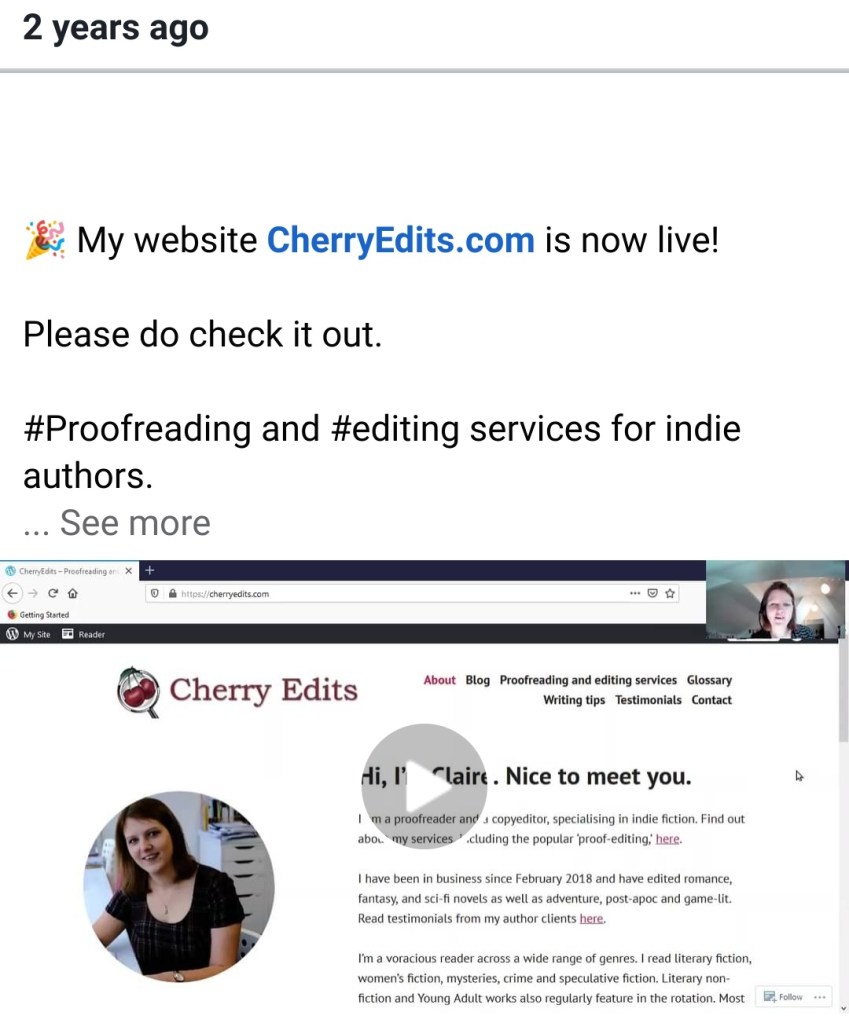 Facebook memory of two years ago, showing cherryedits.com went live