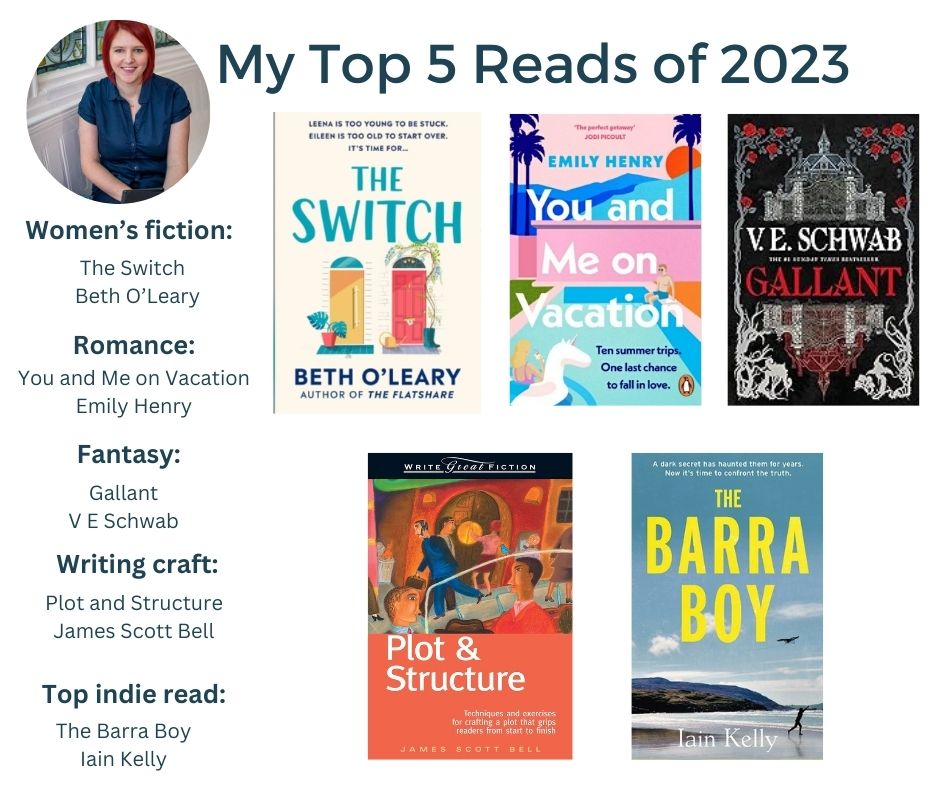 The Switch Beth O'Leary (Women's fiction)
You and Me On Vacation Emily Henry (Romance)
Gallant V E Schwab (Fantasy)
Plot and Structure James Scott Bell (Writing craft)
The Barra Boy Iain Kelly (indie read)