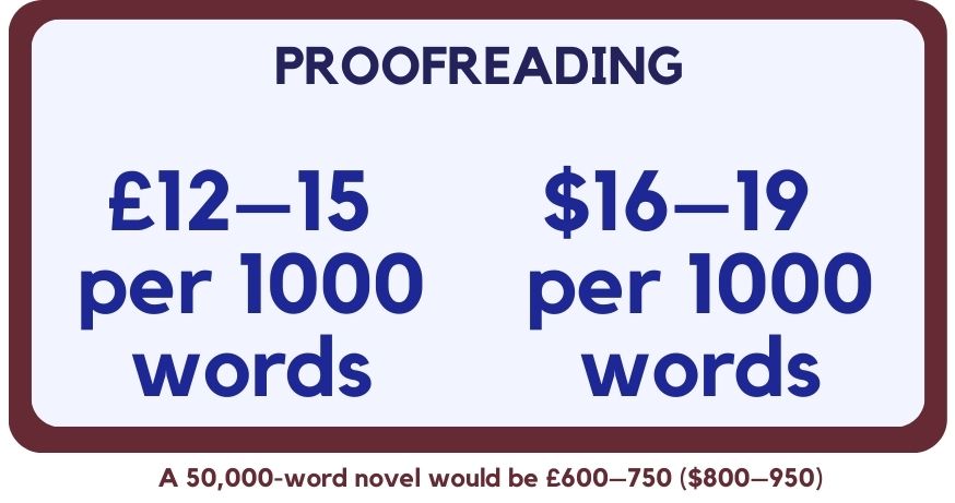 Proofreading fees. £12 to £15 per 1000 words. Or $16 to $19.
A 50,000 word novel would be £600 to £750, or $800 to $950.