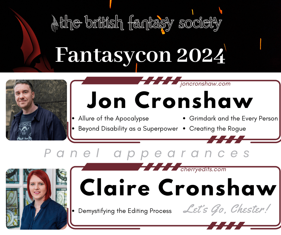 Poster for Jon and Claire Cronshaw's Fantasycon panel appearances 2024