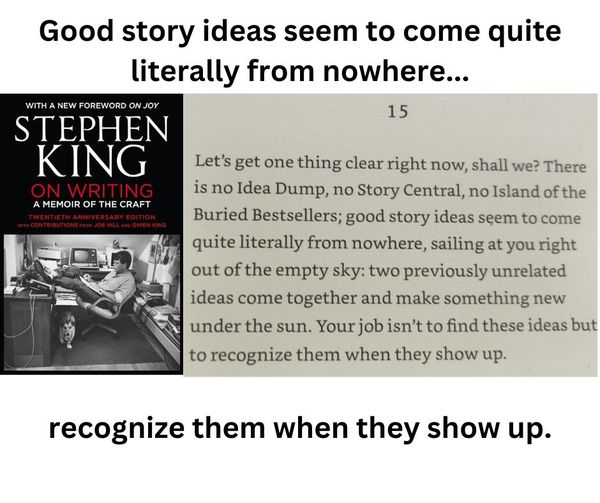 Let's get one thing clear right now, shall we? There is no Idea Dump, no Story Central, no Island of the Buried Bestsellers; good story ideas seem to come quite literally from nowhere, sailing at you right out of the empty sky: two previously unrelated ideas come together and make something new under the sun. Your job isn't to find these ideas but to recognize them when they show up.