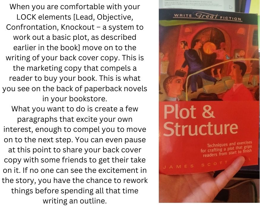 When you are comfortable with your LOCK elements [Lead, Objective, Confrontation, Knockout – a system to work out a basic plot, as described earlier in the book] move on to the writing of your back cover copy. This is the marketing copy that compels a reader to buy your book. This is what you see on the back of paperback novels in your bookstore.
What you want to do is create a few paragraphs that excite your own interest, enough to compel you to move on to the next step. You can even pause at this point to share your back cover copy with some friends to get their take on it. If no one can see the excitement in the story, you have the chance to rework things before spending all that time writing an outline.