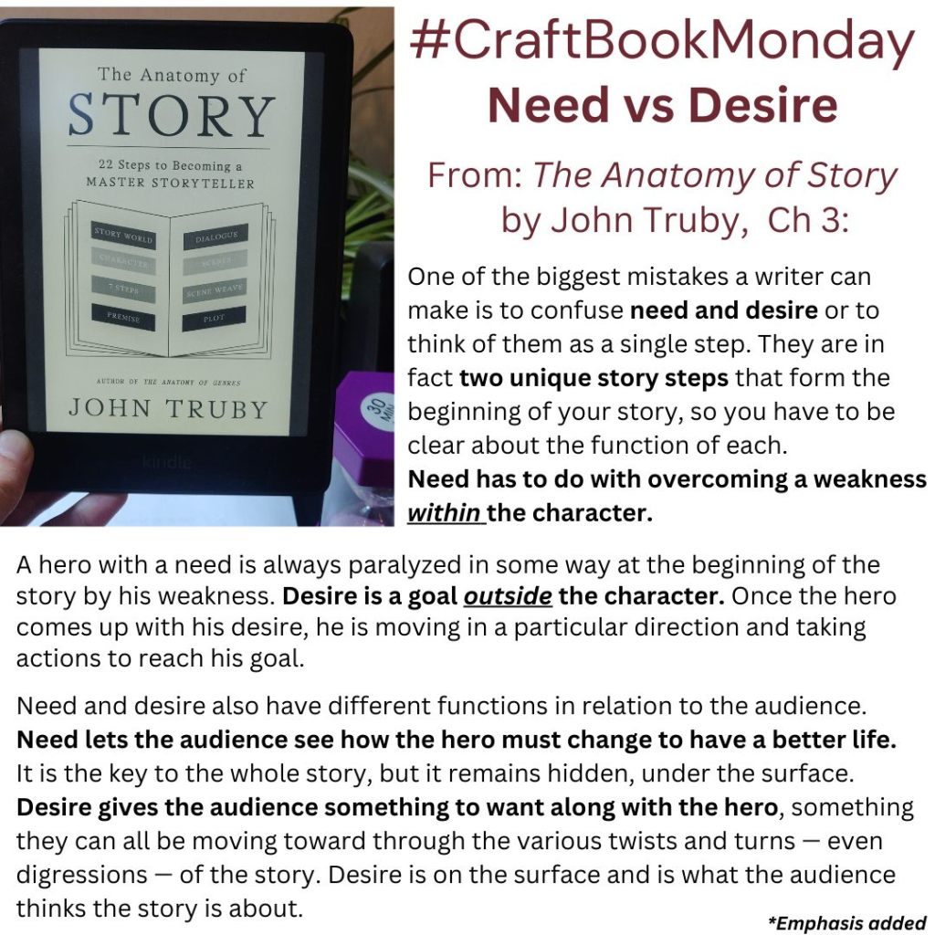 One of the biggest mistakes a writer can make is to confuse need and desire or to think of them as a single step. They are in fact two unique story steps that form the beginning of your story, so you have to be clear about the function of each.
Need has to do with overcoming a weakness within the character. A hero with a need is always paralyzed in some way at the beginning of the story by his weakness. Desire is a goal outside the character. Once the hero comes up with his desire, he is moving in a particular direction and taking actions to reach his goal.
Need and desire also have different functions in relation to the audience. Need lets the audience see how the hero must change to have a better life. It is the key to the whole story, but it remains hidden, under the surface. Desire gives the audience something to want along with the hero, something they can all be moving toward through the various twists and turns — even digressions — of the story. Desire is on the surface and is what the audience thinks the story is about.