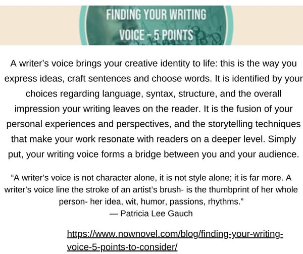 The 'Now Novel' blog says this:

    A writer’s voice brings your creative identity to life: this is the way you express ideas, craft sentences and choose words. It is identified by your choices regarding language, syntax, structure, and the overall impression your writing leaves on the reader. It is the fusion of your personal experiences and perspectives, and the storytelling techniques that make your work resonate with readers on a deeper level. Simply put, your writing voice forms a bridge between you and your audience.

And they quote Patricia Lee Gauche:

    A writer’s voice is not character alone, it is not style alone; it is far more. A writer’s voice line the stroke of an artist’s brush- is the thumbprint of her whole person- her idea, wit, humor, passions, rhythms.