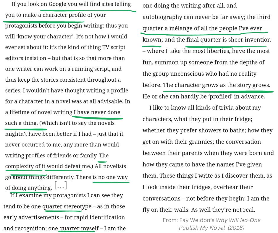 Quote from the book with these bits highlighted: 🟠 'One quarter stereotype...
🟠 'One quarter myself...
🟠 'The third quarter a mélange of all the people I’ve ever known...
🟠 'And the final quarter? Sheer invention.'